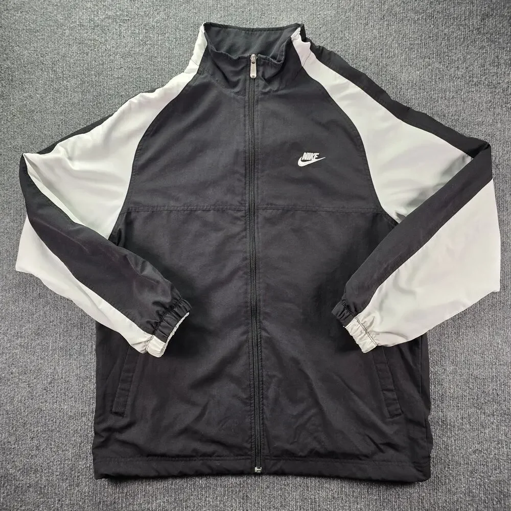 Nike Track Jacket Mens XL Black White Y2K Full Zip Pockets Warm Up Lined